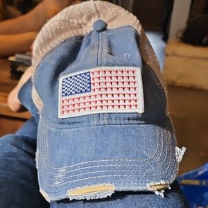 Judith March Blue Distressed Denim Cap with USA American Flag Patch One Size